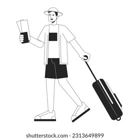 Going on vacation bw vector spot illustration. Asian traveler carrying baggage 2D cartoon flat line monochromatic character for web UI design. Airport travelling editable isolated outline hero image