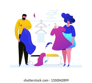 Going on vacation - colorful flat design style illustration on white background. A composition with a cute couple, wife and husband packing bags, clothes, getting ready for a trip. Traveling concept