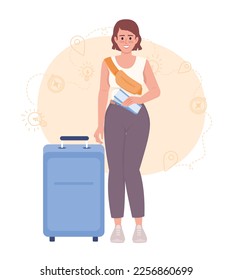 Going on vacation to european countries 2D vector isolated illustration. Happy female traveler with tickets flat character on cartoon background. Color editable scene for mobile, website, presentation