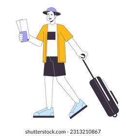 Going on vacation flat line vector spot illustration. Asian traveler carrying baggage 2D cartoon outline character on white for web UI design. Airport travelling editable isolated colorful hero image