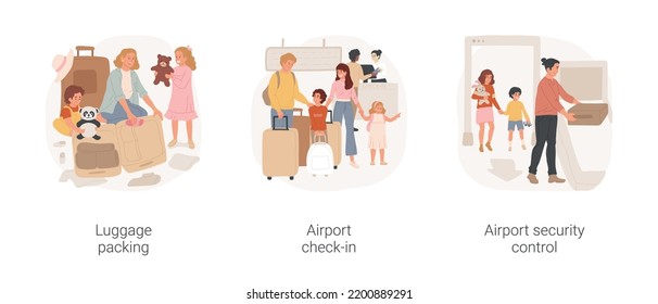 Going on vacation isolated cartoon vector illustration set. Luggage fun packing, get ready for vacation, family make airport check-in, stand in line, go through security control vector cartoon.