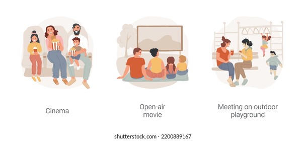 Going out with friends isolated cartoon vector illustration set. Watch movie together, eat popcorn, going to the open air cinema, meeting on outdoor playground, children play vector cartoon.