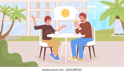 Going out together flat color vector illustration. Teenage boy having good conversation with father over tea drinking. Fully editable 2D simple cartoon characters with cityscape on background