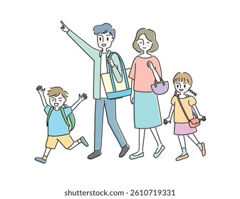 Going out Walking Family Vector Illustration