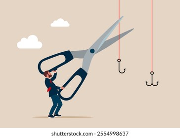 Going phishing on the internets. Businessman uses scissors and cuts off fishing hooks. Modern vector illustration in flat style.