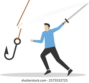 Going phishing on the internets. Businessman uses scissors and cuts off fishing hooks. Modern vector illustration in flat style.

