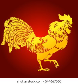 Going rooster gold on red background. Fiery red rooster symbol of the Chinese new year 2017. Vector illustration.