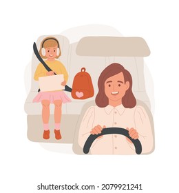 Going To School By Car Isolated Cartoon Vector Illustration. Child In A Car Holding A Bright Backpack, Sitting With Tablet And Headphones On Backseat, Parents Daily Routine Cartoon Vector.