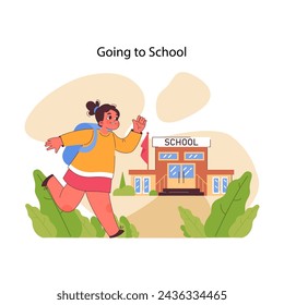 Going to school concept. Eager young girl, backpack on, dashes towards her school building, ready for a new day of learning. Morning routine. Child daily experience. Flat vector illustration