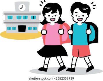 Going to school with friends: Cute illustrations of smiling elementary school children carrying backpacks