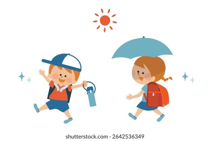 Ir y volver de la escuela, prevención del calor, golpe de calor, ilustraciones lindas de los niños