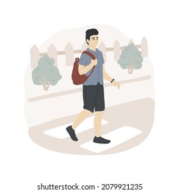 Going to school independently isolated cartoon vector illustration. Confident young teenager walking independently, crossing the street, wearing backpack, going to school alone cartoon vector.