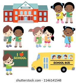 Going to School Set, School Building, School Bus, Blackboard and School Children Vector Illustration Isolated on White