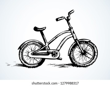 Going simple bicycle isolated on white backdrop. Side view. Freehand line black ink hand drawn tourist journey way logo emblem pictogram sketch.
