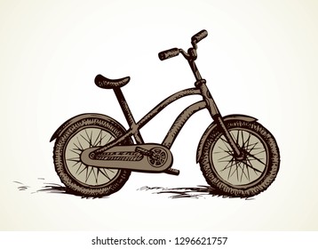 Going simple bicycle isolated on white background. Side view. Freehand line black ink hand drawn journey way logo emblem pictogram sketchy in art engraved style pen on paper space for text