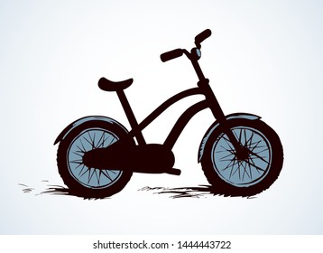 Going simple bicycle isolated on white background. Side view. Dark black ink hand drawn journey way logo emblem pictogram in contour art engraved print style on paper space for text