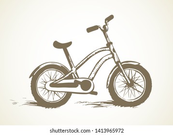 Going simple pedal vehicle on white backdrop. Side view. Freehand line black ink hand drawn journey way logo emblem pictogram insignia design sketchy in art engraved style pen on paper space for text
