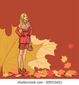 Going slender young beautiful lady with long blonde hair in full length. Girl holds bag and dressed in autumn clothes - dress, raincoat,gloves, boots. Background with autumn leaves. Color cartoon.