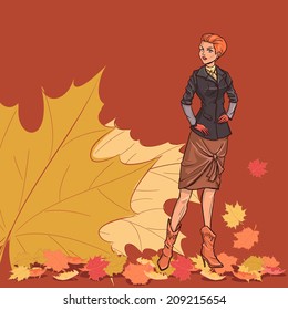 Going slender young beautiful lady with short red hair in full length. Girl is dressed in autumn clothes - dress, jacket,skirt, boots. Background with autumn leaves. Color vector.