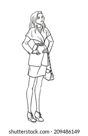 Going slender young beautiful lady with long blonde hair in full length. Girl dressed in autumn clothes - dress, raincoat,gloves, boots.Black and white image drawing by lines. Isolated cartoon. 