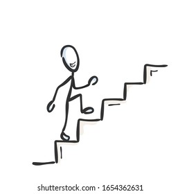 Going up the stairs. Successful proud and happy man. Ascend staircase. Hand drawn. Stickman cartoon. Doodle sketch, Vector graphic illustration
