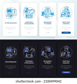 Going to therapy night and day mode onboarding mobile app screen. Walkthrough 4 steps graphic instructions pages with linear concepts. UI, UX, GUI template. Myriad Pro-Bold, Regular fonts used