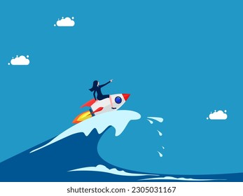 Going through the crisis with innovative leaders. Businesswoman surfing ocean waves with rocket
