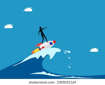 Going through the crisis with innovative leaders. man surfing ocean waves with rocket