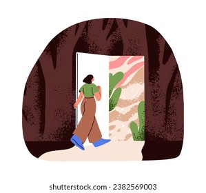 Going to unknown open door, exploring new opportunities, changing life. Development, stepping forward. Escaping comfort zone, psychology concept. Flat vector illustration isolated on white background