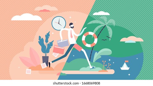 Going To Vacation Concept, Flat Tiny Person Vector Illustration. Happy Office Worker Taking Time Off And Jumping From Work To Holiday Beach Relax Mode. Tropical Life On The Beach Under The Palm Tree.