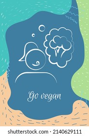 Going vegan postcard with linear glyph icon. Abstaining animal products. Greeting card with decorative vector design. Simple style poster with creative lineart illustration. Flyer with holiday wish
