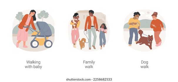 Going for a walk isolated cartoon vector illustration set. Walking with baby, mom with stroller, family on a stroll, holding hands, walk with dog, happy kids with a pet on a leash vector cartoon.