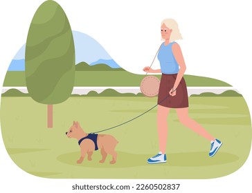 Going for walk with pet 2D vector isolated illustration. Pretty young woman strolling with small dog flat character on cartoon background. Colorful editable scene for mobile, website, presentation