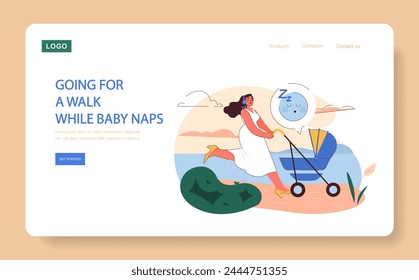 Going for a Walk While Baby Naps concept. A mother enjoys a peaceful walk in the park with her sleeping baby, savoring a moment of calm.