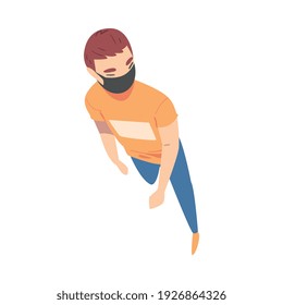 Going and Walking Man Character Wearing Face Mask Top View Vector Illustration