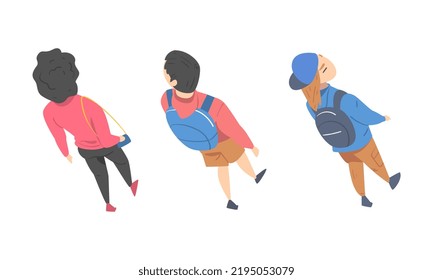 Going and Walking Man and Woman Character Stepping Forward Top View Vector Illustration Set