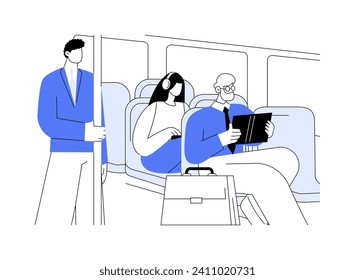 Going to work by bus abstract concept vector illustration. Group of diverse people using city bus to go to work, urban transportation, public transport passengers, rush hour abstract metaphor.