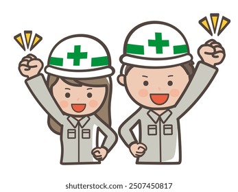 I'm going to work hard all day long! Illustration of male and female construction workers posed to get into the spirit of the day