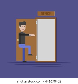 Going to work in office, Door to the office, dull work, tired worker
