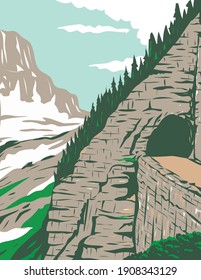 Going-to-the-Sun Road in Eastside tunnel and Mt. Reynolds Glacier National Park Montana United States WPA Poster Art