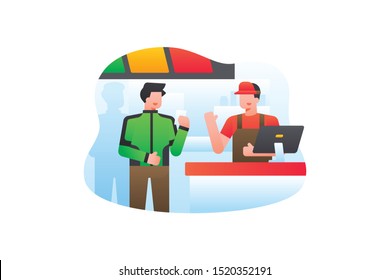 A Gojek Driver Orders Food To The Cashier At The Restaurant Or Supermarket. Ride Sharing Vector Illustration