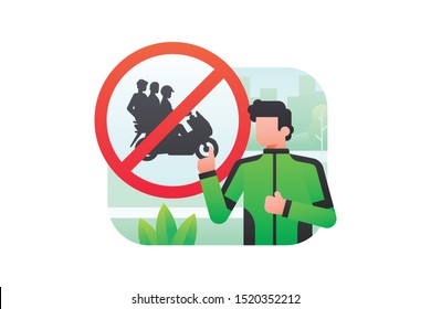 A Gojek Driver Points To A Road Sign That Prohibits Motorbike Driving Of More Than 3 People. Ride Sharing Vector Illustration