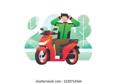 A Gojek Driver Is Resting And Relaxing On His Motorcycle While Waiting For An Order. Ride Sharing Vector Illustration.