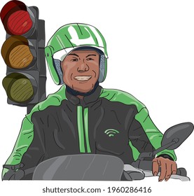 Gojek Driver Stop in Trafic Light. Vector illustration