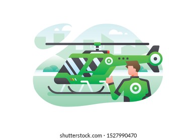 A Gojek Driver Is Taking A Photo In Front Of Green Helicopter. Ride Sharing Vector Illustration Background
