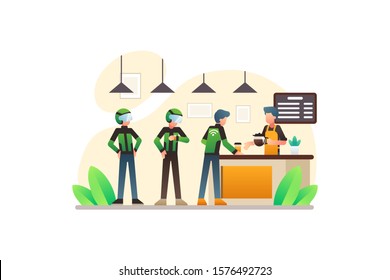 Gojek Or Grab Driver Waiting In Line To Buy Drinks At The Coffee Shop Vector Background Element