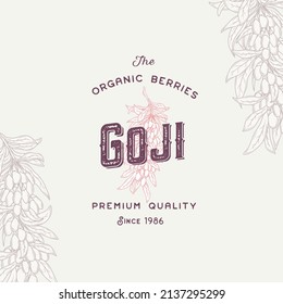 Goji berries Label. Abstract Vector Packaging Design Layout. Modern Typography Banner with Hand Drawn Berries Silhouette Logo and Background. Isolated.