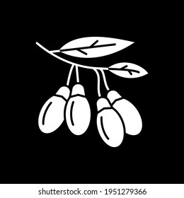Goji berries on branch dark mode glyph icon. Growing fruit. Super food, cooking ingredient. Healthy eating. Nourishment, nutrition. White silhouette symbol on black space. Vector isolated illustration