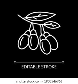 Goji berries on branch white linear icon for dark theme. Growing fruits. Super food ingredient. Thin line customizable illustration. Isolated vector contour symbol for night mode. Editable stroke