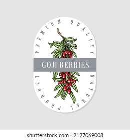 Goji berries packaging design. Hand-drawn vector illustration of healthy food Goji-berry or wolfberry by retro style.